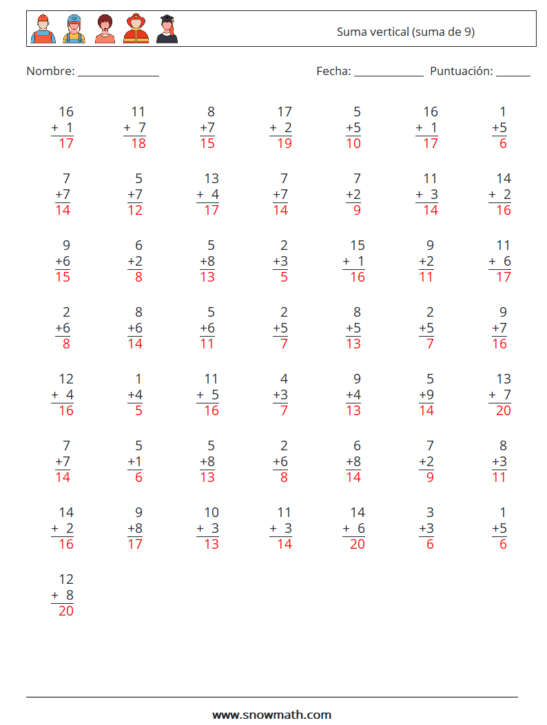 (50) Suma vertical (suma de 9) Hojas de trabajo de matemáticas 5 Pregunta, respuesta