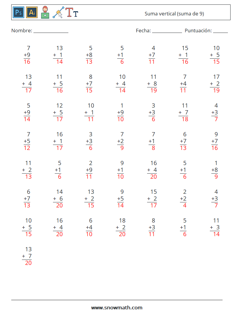 (50) Suma vertical (suma de 9) Hojas de trabajo de matemáticas 6 Pregunta, respuesta