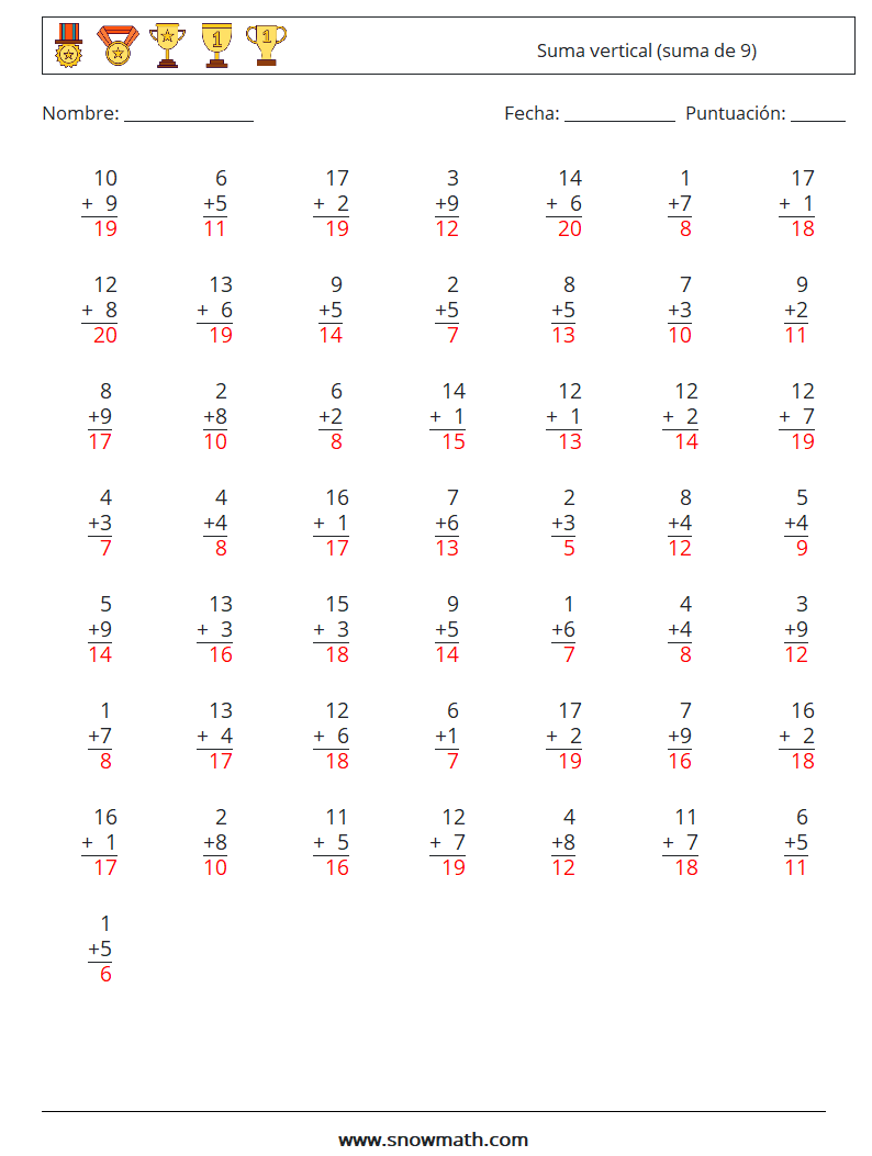 (50) Suma vertical (suma de 9) Hojas de trabajo de matemáticas 7 Pregunta, respuesta