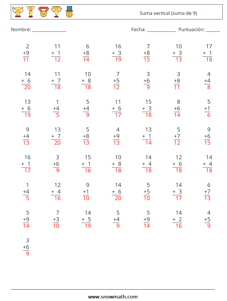 (50) Suma vertical (suma de 9) Hojas de trabajo de matemáticas 8 Pregunta, respuesta