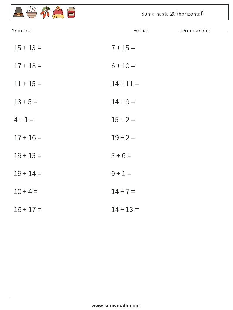 (20) Suma hasta 20 (horizontal) Hojas de trabajo de matemáticas 1