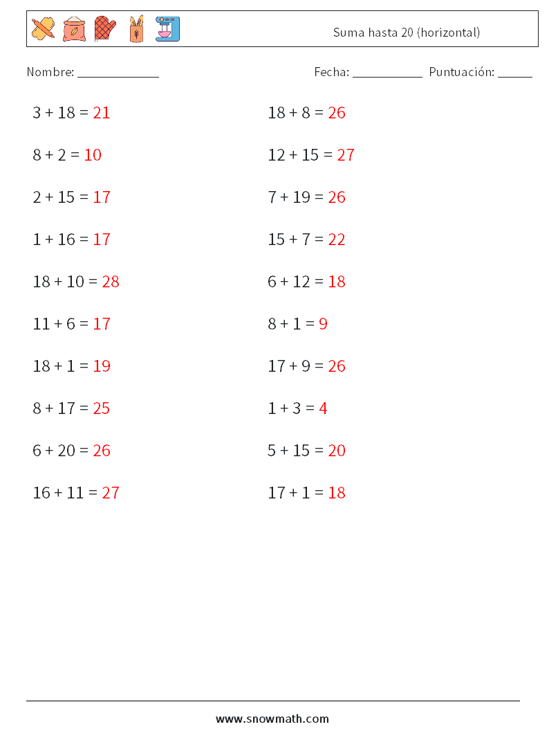 (20) Suma hasta 20 (horizontal) Hojas de trabajo de matemáticas 2 Pregunta, respuesta
