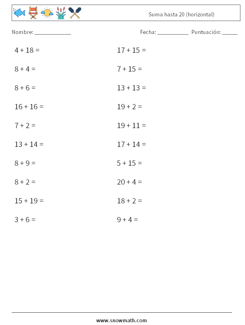 (20) Suma hasta 20 (horizontal) Hojas de trabajo de matemáticas 4