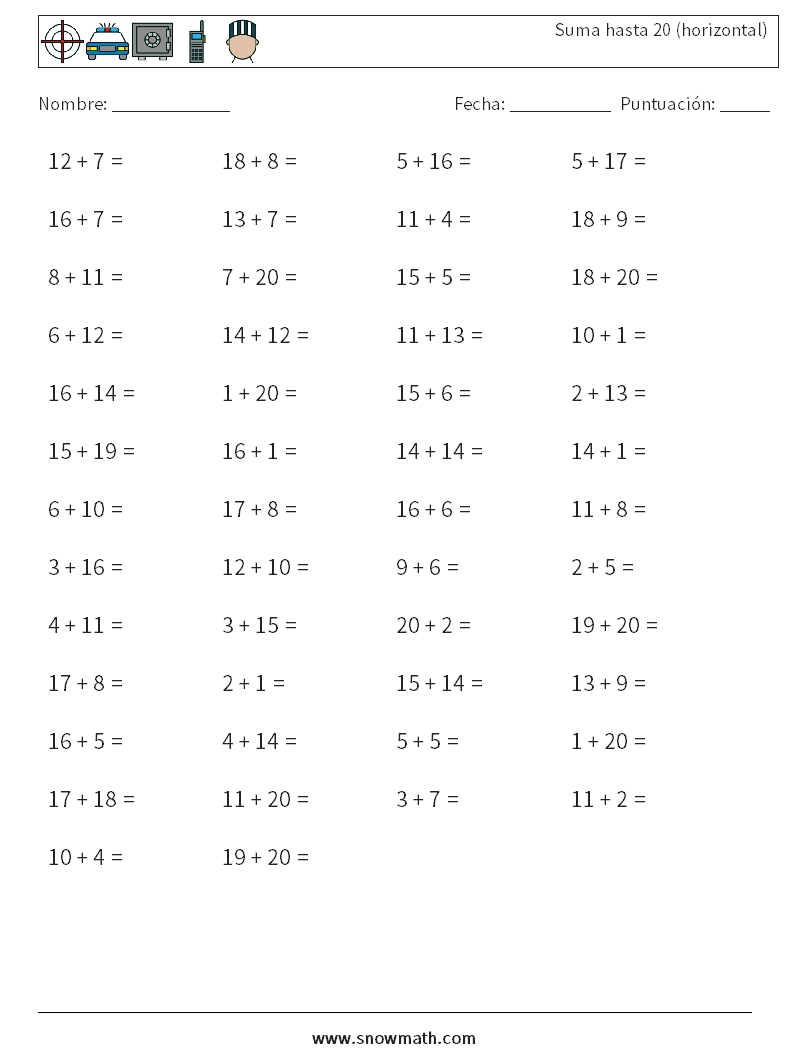 (50) Suma hasta 20 (horizontal) Hojas de trabajo de matemáticas 1