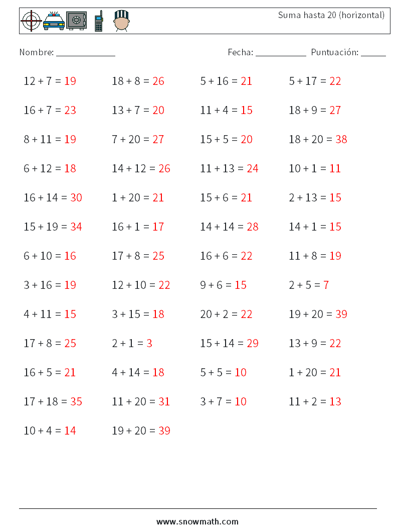 (50) Suma hasta 20 (horizontal) Hojas de trabajo de matemáticas 1 Pregunta, respuesta
