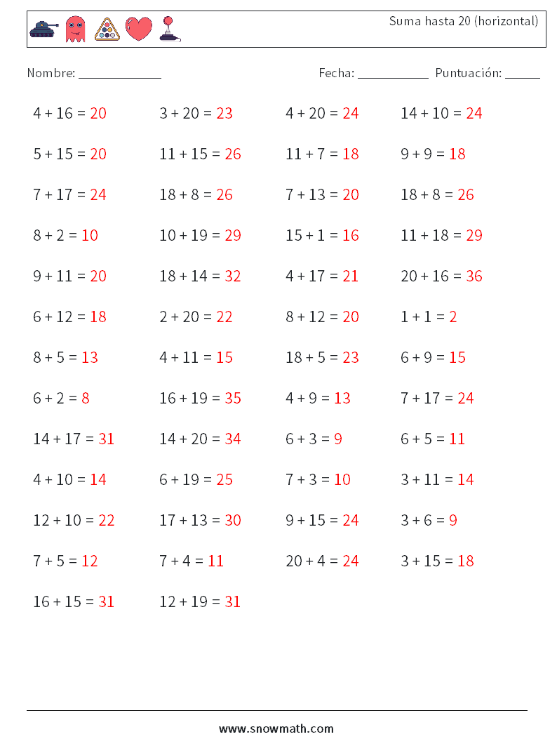 (50) Suma hasta 20 (horizontal) Hojas de trabajo de matemáticas 2 Pregunta, respuesta