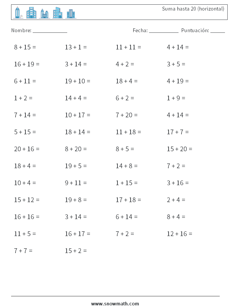 (50) Suma hasta 20 (horizontal) Hojas de trabajo de matemáticas 3