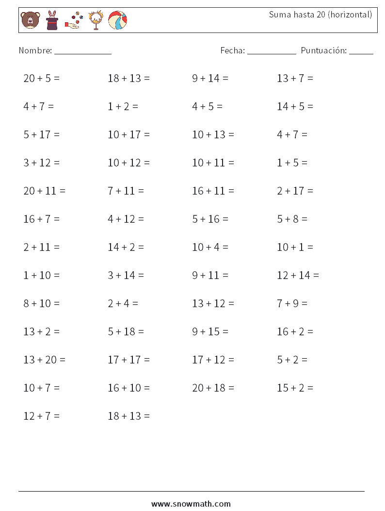 (50) Suma hasta 20 (horizontal) Hojas de trabajo de matemáticas 4