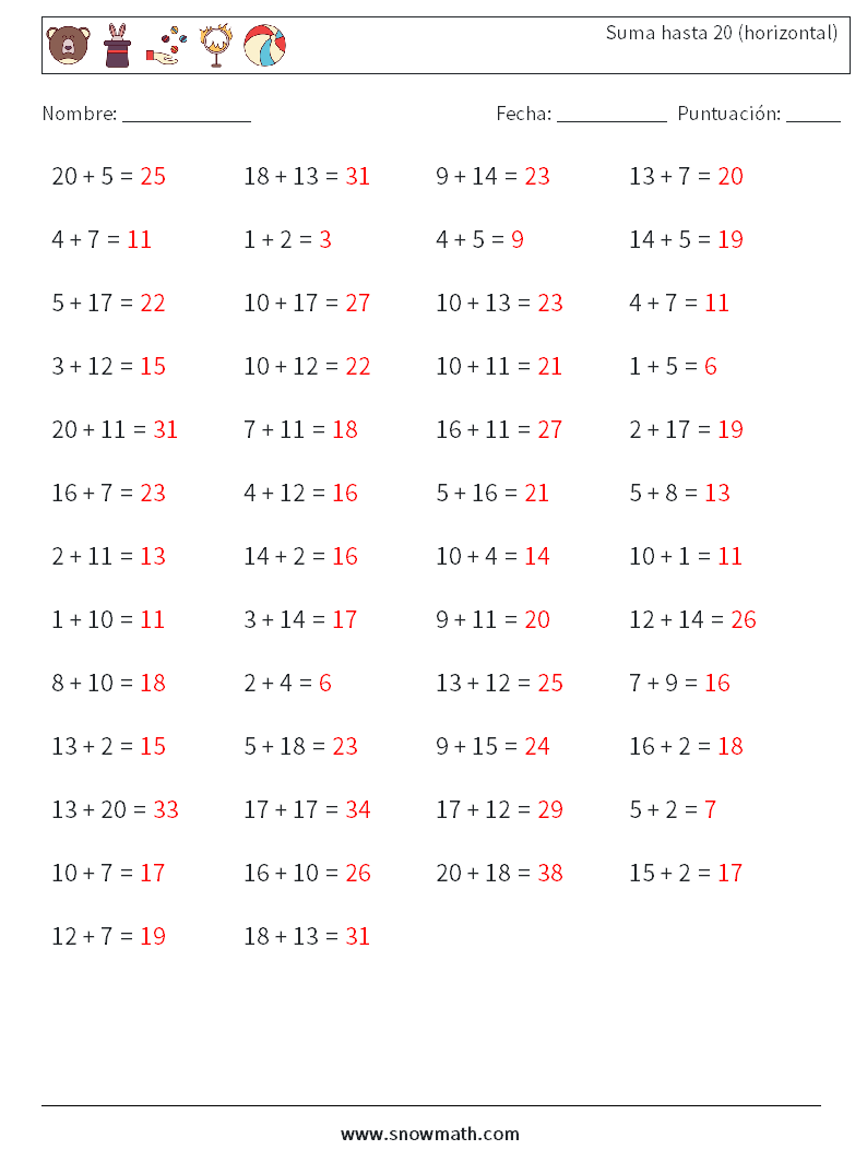 (50) Suma hasta 20 (horizontal) Hojas de trabajo de matemáticas 4 Pregunta, respuesta