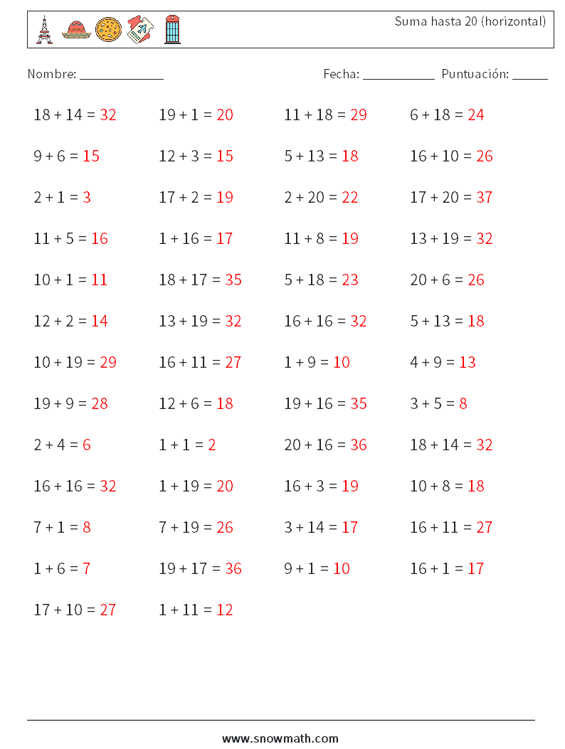(50) Suma hasta 20 (horizontal) Hojas de trabajo de matemáticas 5 Pregunta, respuesta