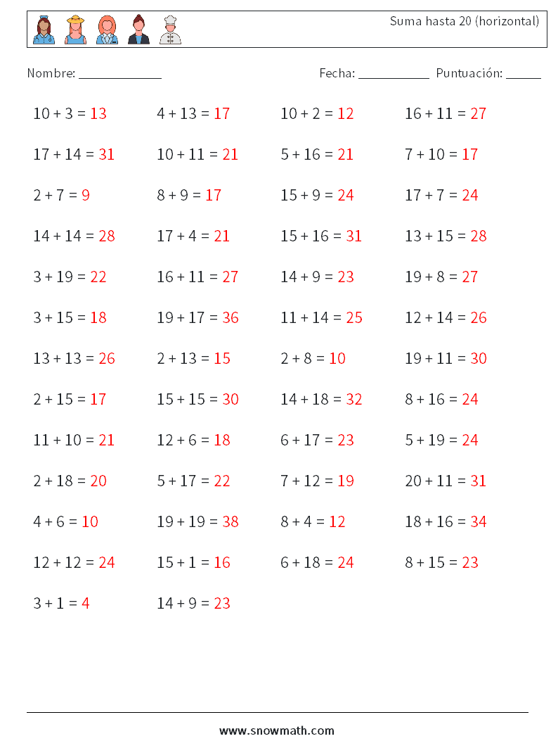 (50) Suma hasta 20 (horizontal) Hojas de trabajo de matemáticas 6 Pregunta, respuesta