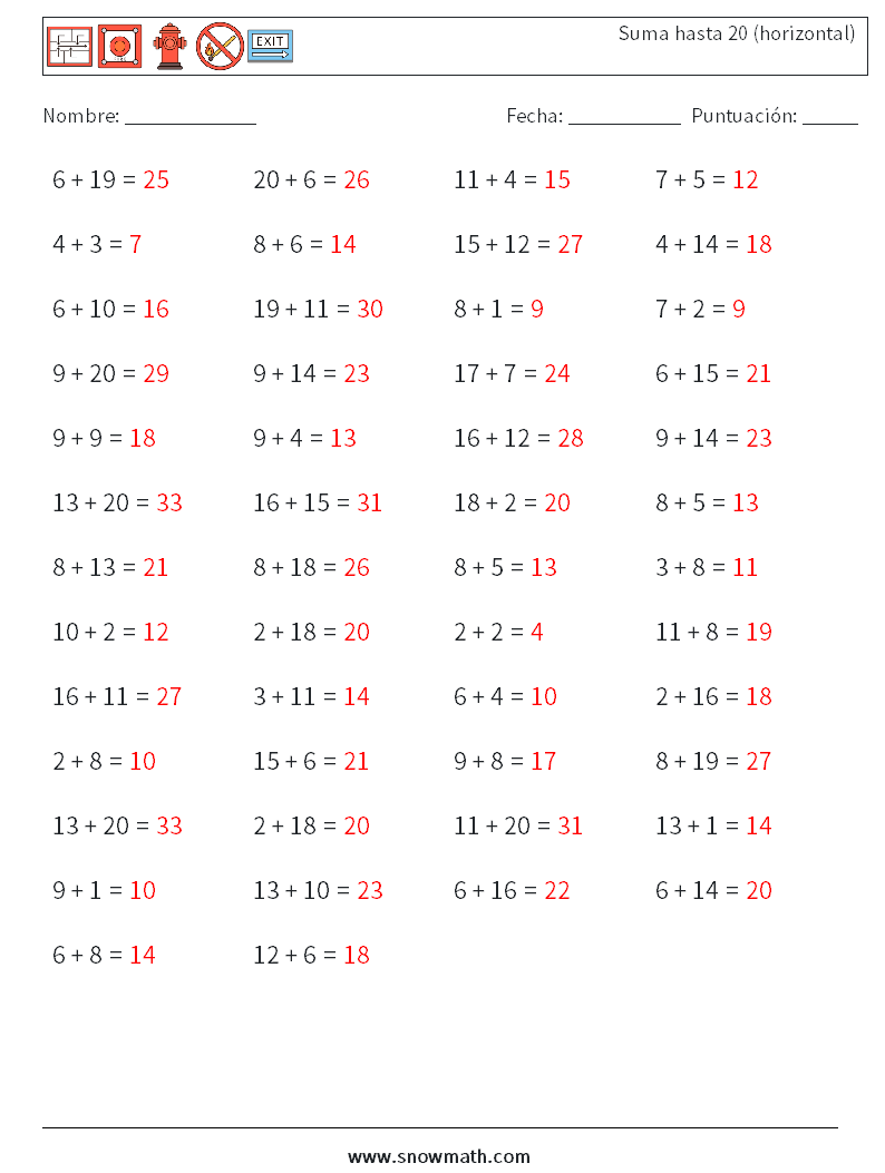 (50) Suma hasta 20 (horizontal) Hojas de trabajo de matemáticas 8 Pregunta, respuesta