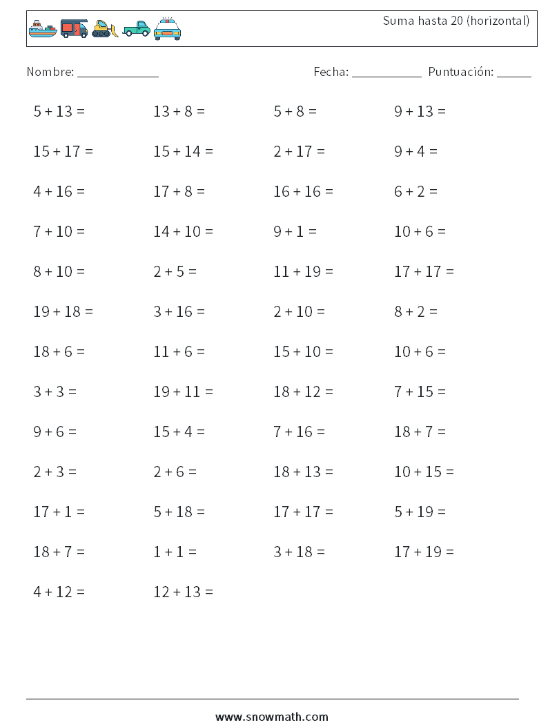 (50) Suma hasta 20 (horizontal) Hojas de trabajo de matemáticas 9