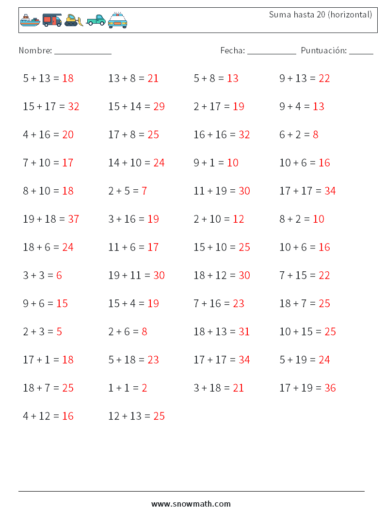 (50) Suma hasta 20 (horizontal) Hojas de trabajo de matemáticas 9 Pregunta, respuesta