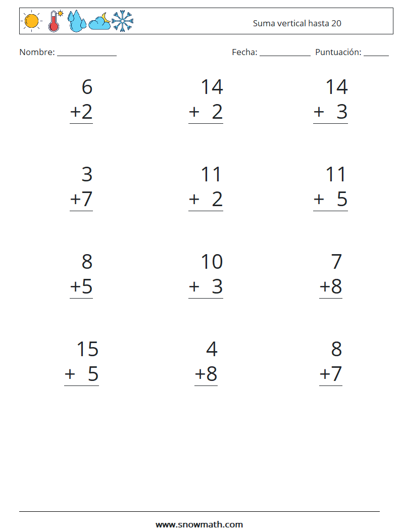 (12) Suma vertical hasta 20 Hojas de trabajo de matemáticas 1