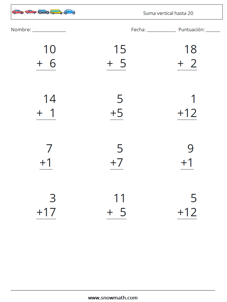 (12) Suma vertical hasta 20 Hojas de trabajo de matemáticas 10