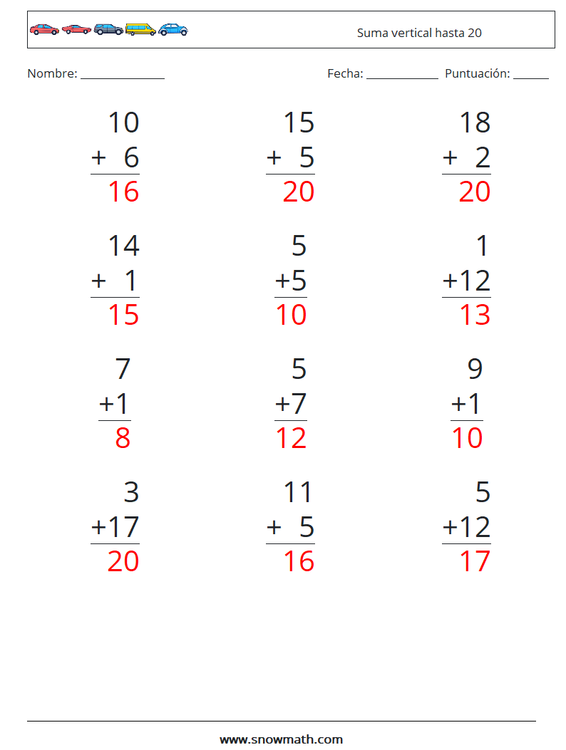 (12) Suma vertical hasta 20 Hojas de trabajo de matemáticas 10 Pregunta, respuesta