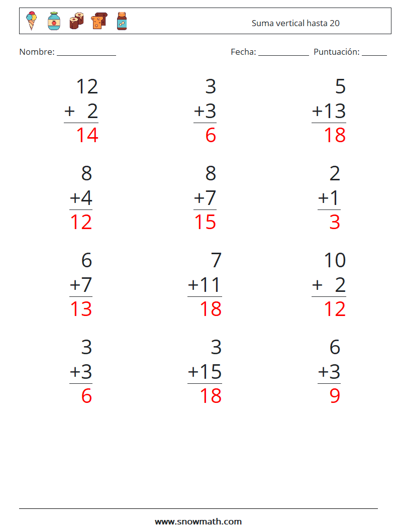 (12) Suma vertical hasta 20 Hojas de trabajo de matemáticas 11 Pregunta, respuesta