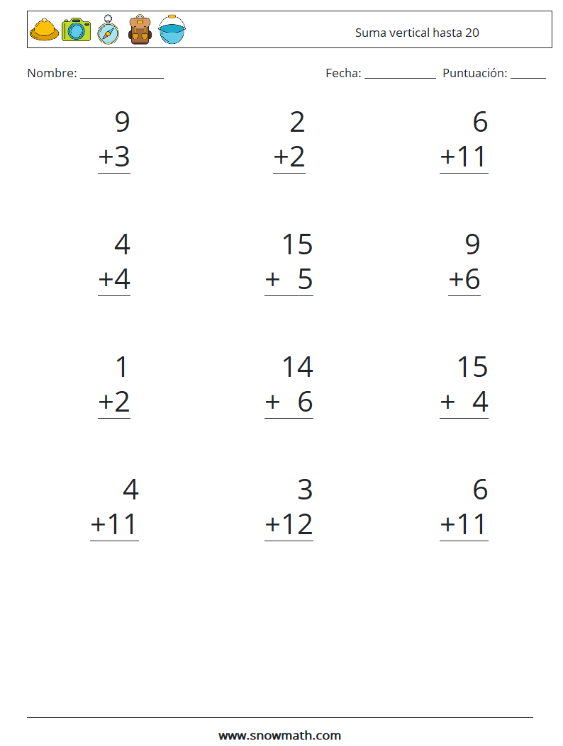 (12) Suma vertical hasta 20 Hojas de trabajo de matemáticas 12