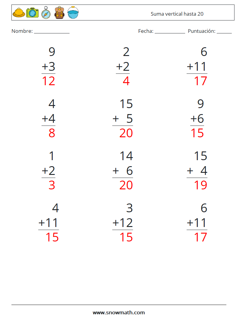 (12) Suma vertical hasta 20 Hojas de trabajo de matemáticas 12 Pregunta, respuesta