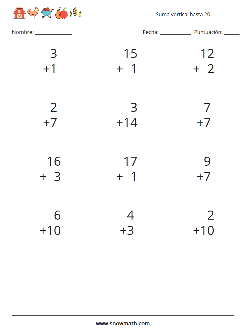 (12) Suma vertical hasta 20 Hojas de trabajo de matemáticas 13