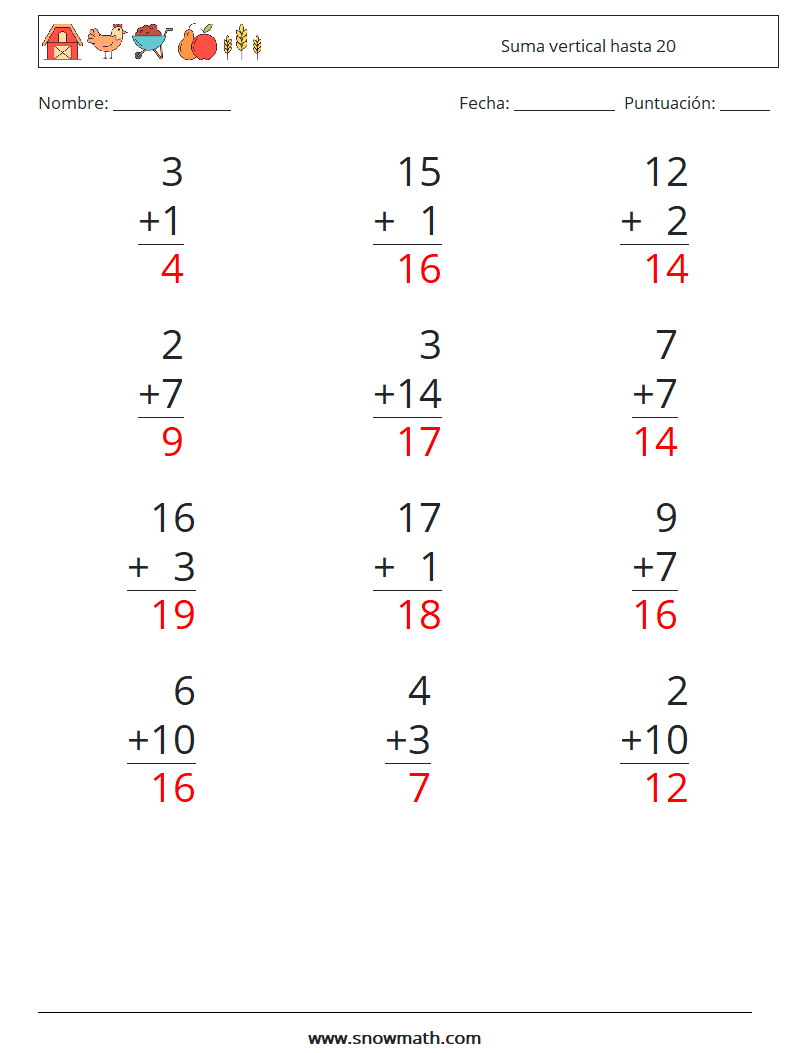 (12) Suma vertical hasta 20 Hojas de trabajo de matemáticas 13 Pregunta, respuesta