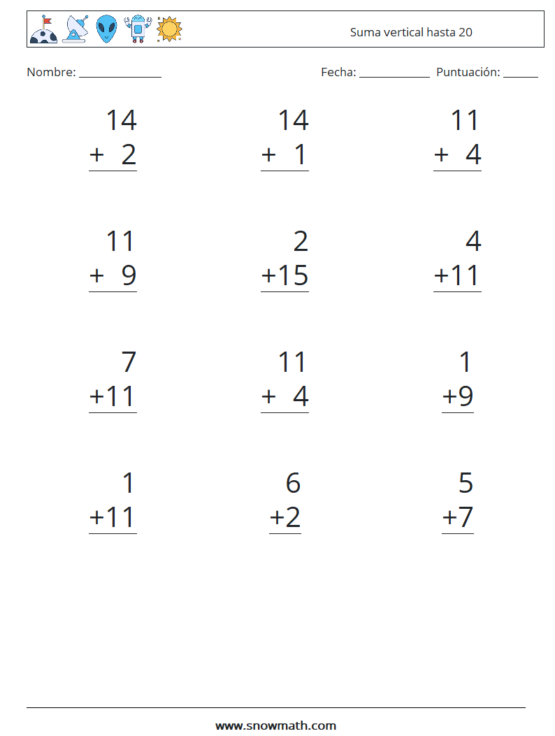 (12) Suma vertical hasta 20 Hojas de trabajo de matemáticas 14
