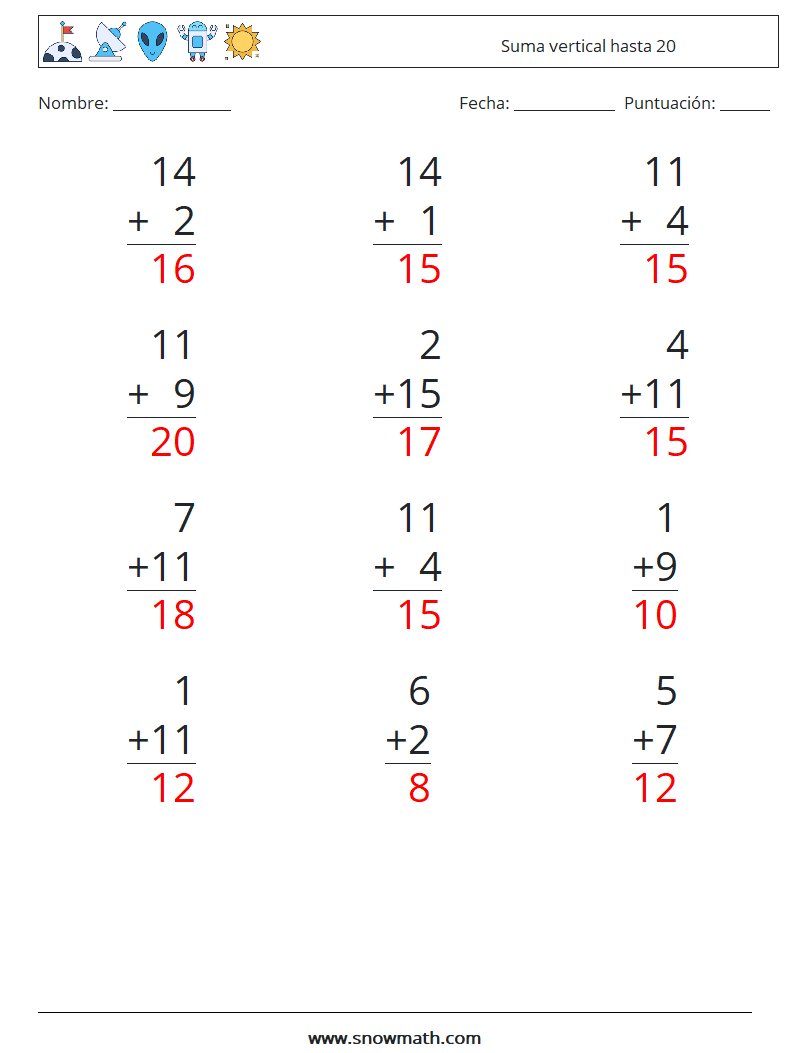 (12) Suma vertical hasta 20 Hojas de trabajo de matemáticas 14 Pregunta, respuesta