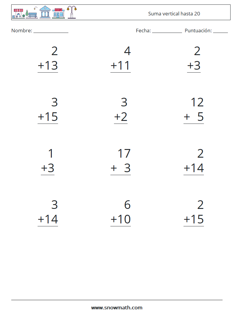 (12) Suma vertical hasta 20 Hojas de trabajo de matemáticas 15