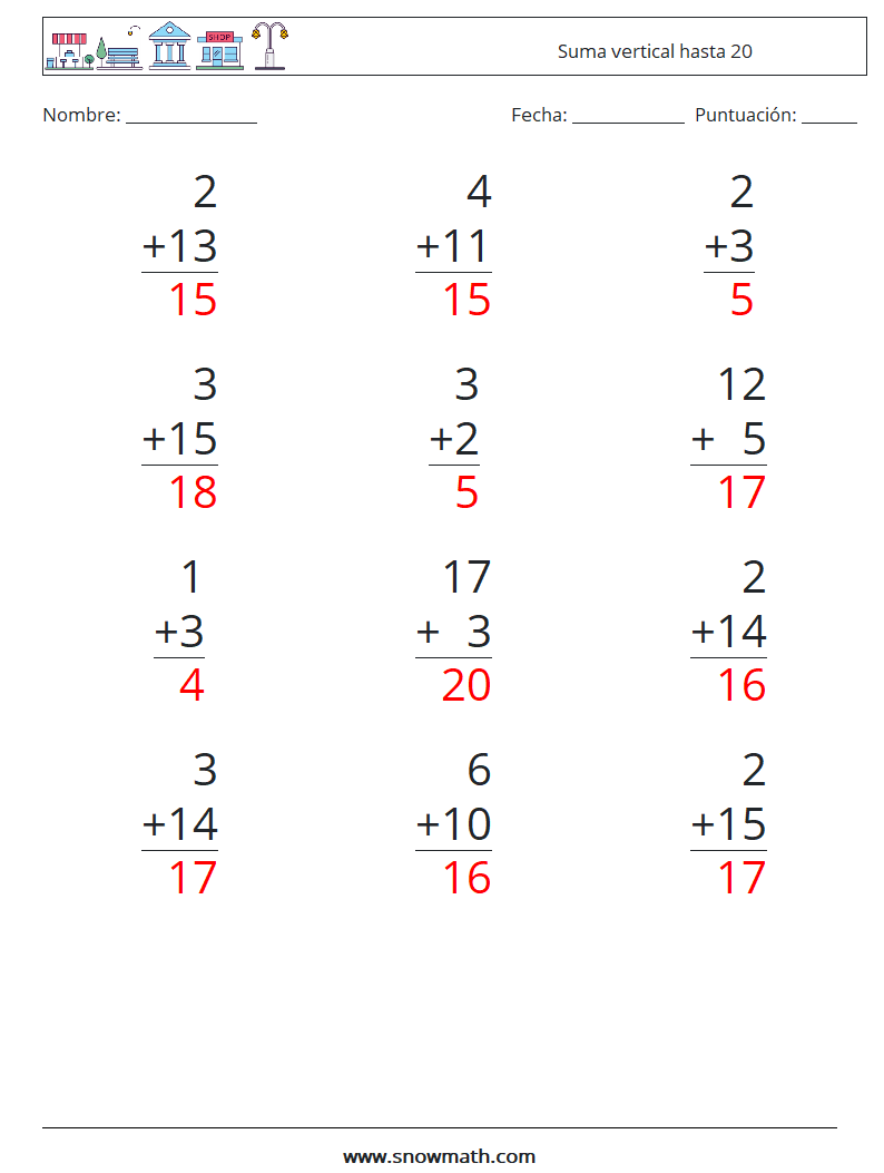 (12) Suma vertical hasta 20 Hojas de trabajo de matemáticas 15 Pregunta, respuesta