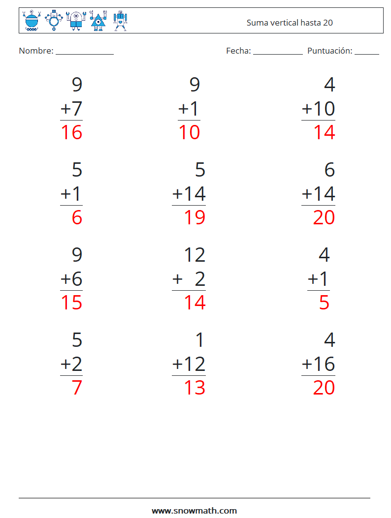 (12) Suma vertical hasta 20 Hojas de trabajo de matemáticas 16 Pregunta, respuesta