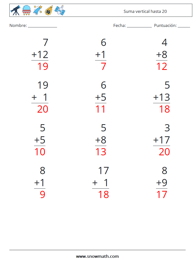 (12) Suma vertical hasta 20 Hojas de trabajo de matemáticas 17 Pregunta, respuesta