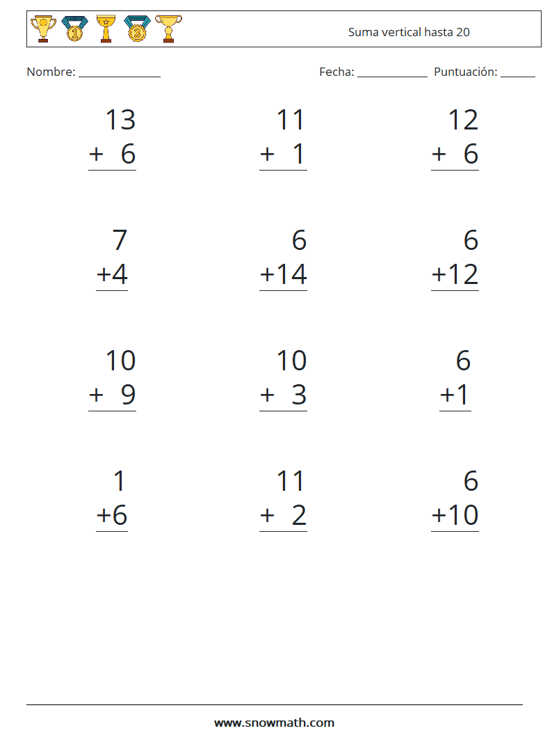 (12) Suma vertical hasta 20 Hojas de trabajo de matemáticas 18