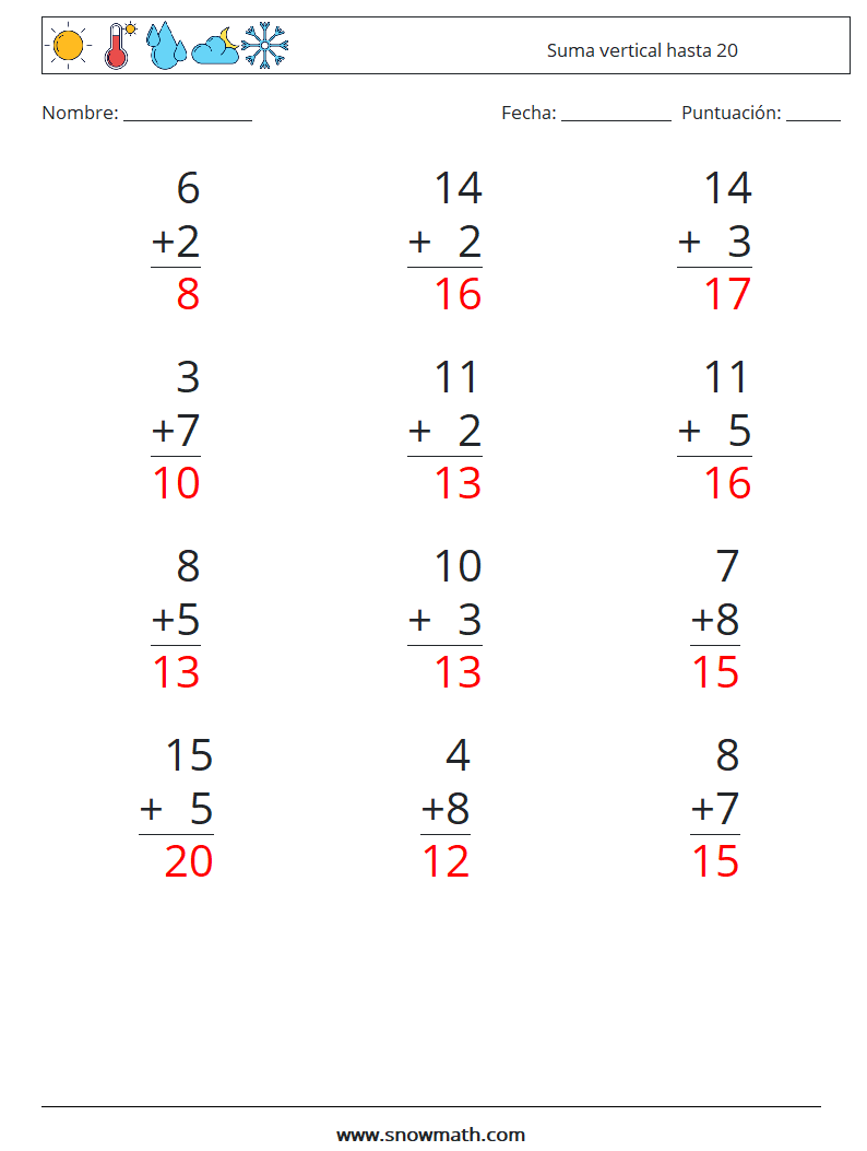 (12) Suma vertical hasta 20 Hojas de trabajo de matemáticas 1 Pregunta, respuesta