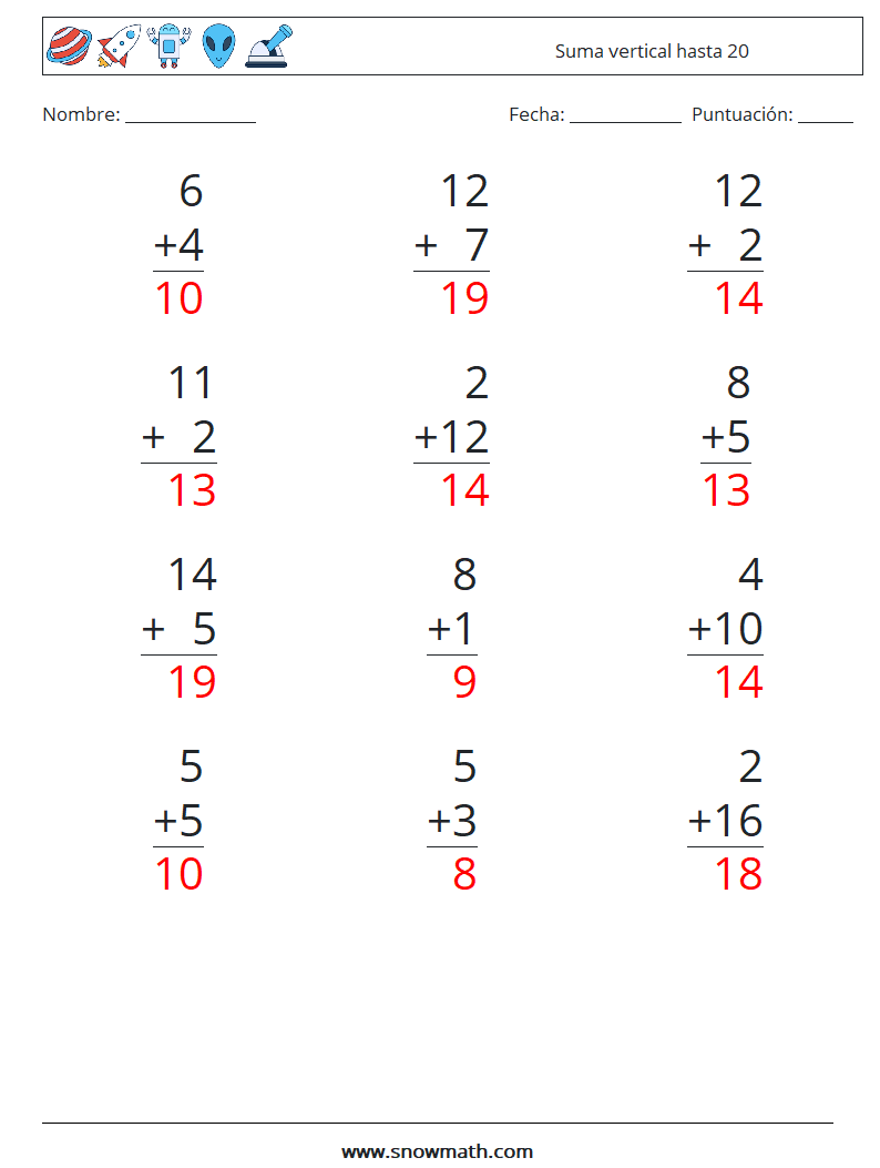 (12) Suma vertical hasta 20 Hojas de trabajo de matemáticas 2 Pregunta, respuesta