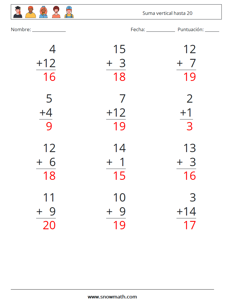 (12) Suma vertical hasta 20 Hojas de trabajo de matemáticas 3 Pregunta, respuesta