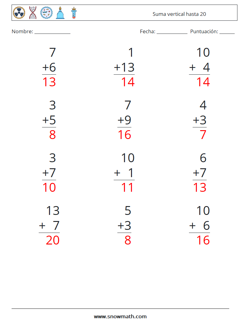 (12) Suma vertical hasta 20 Hojas de trabajo de matemáticas 4 Pregunta, respuesta