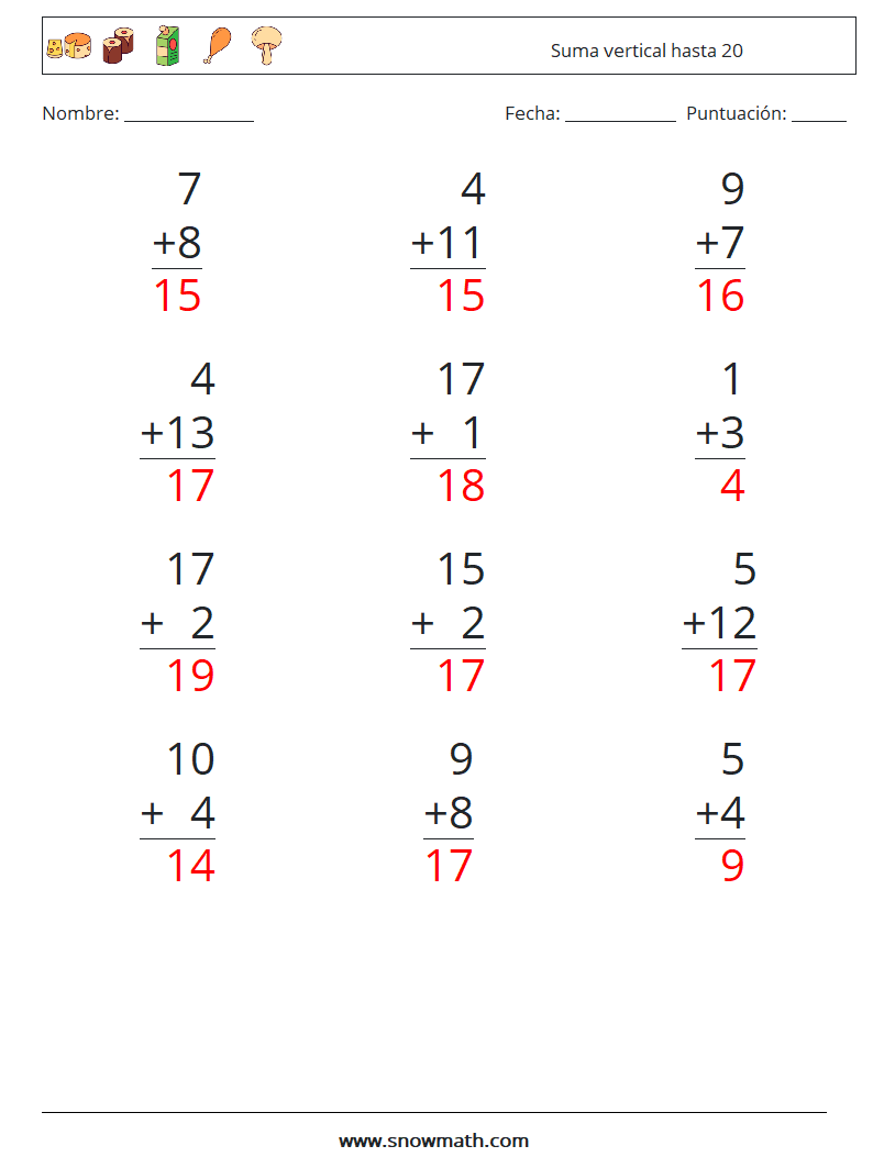 (12) Suma vertical hasta 20 Hojas de trabajo de matemáticas 5 Pregunta, respuesta