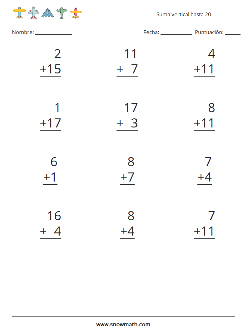 (12) Suma vertical hasta 20 Hojas de trabajo de matemáticas 6