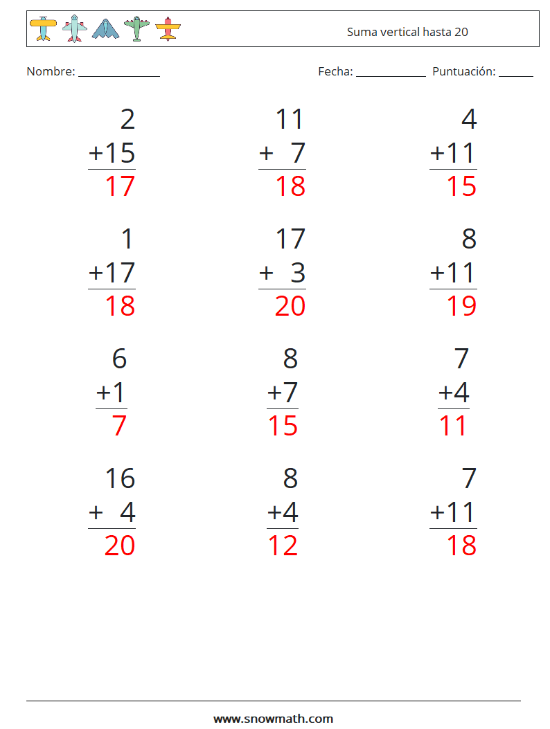 (12) Suma vertical hasta 20 Hojas de trabajo de matemáticas 6 Pregunta, respuesta