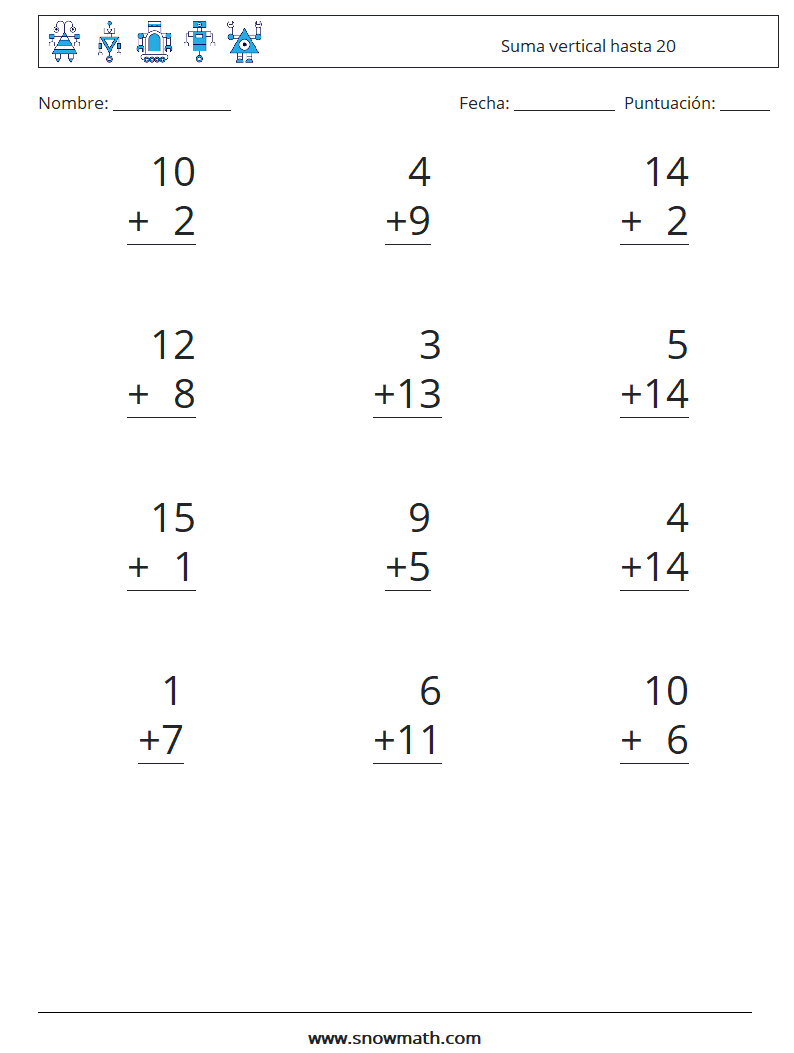 (12) Suma vertical hasta 20 Hojas de trabajo de matemáticas 7
