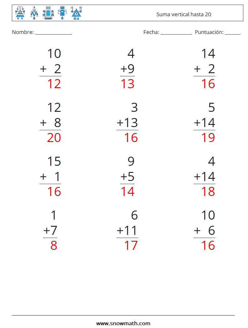 (12) Suma vertical hasta 20 Hojas de trabajo de matemáticas 7 Pregunta, respuesta
