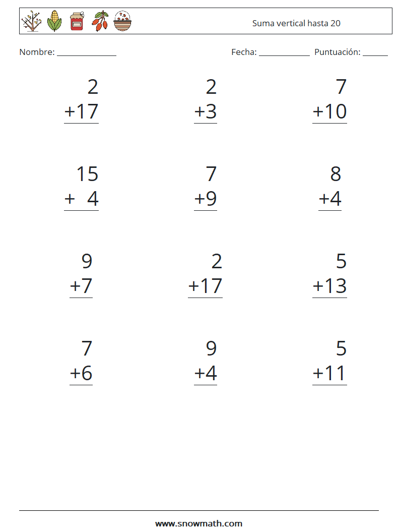 (12) Suma vertical hasta 20 Hojas de trabajo de matemáticas 8