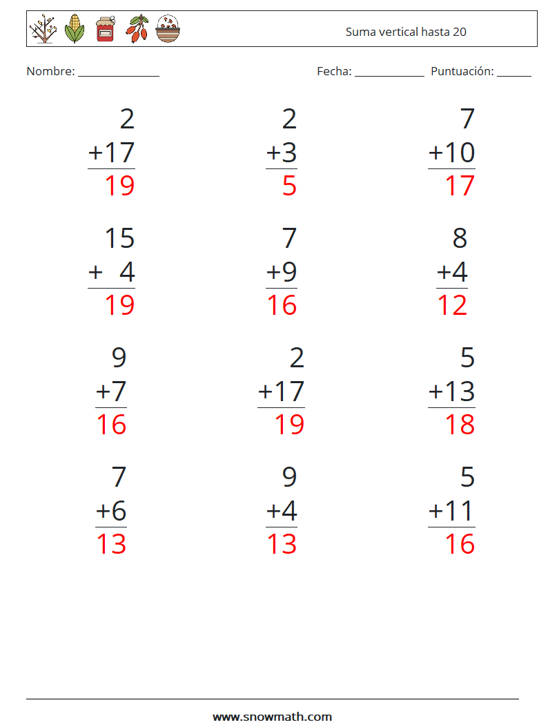 (12) Suma vertical hasta 20 Hojas de trabajo de matemáticas 8 Pregunta, respuesta
