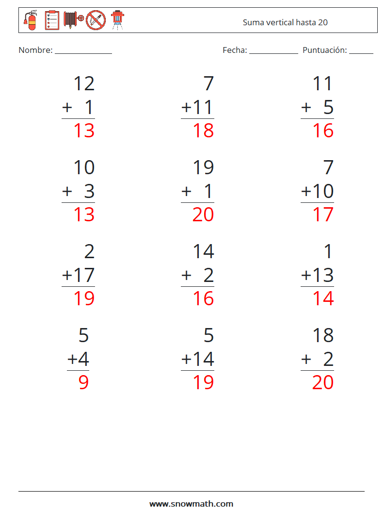 (12) Suma vertical hasta 20 Hojas de trabajo de matemáticas 9 Pregunta, respuesta