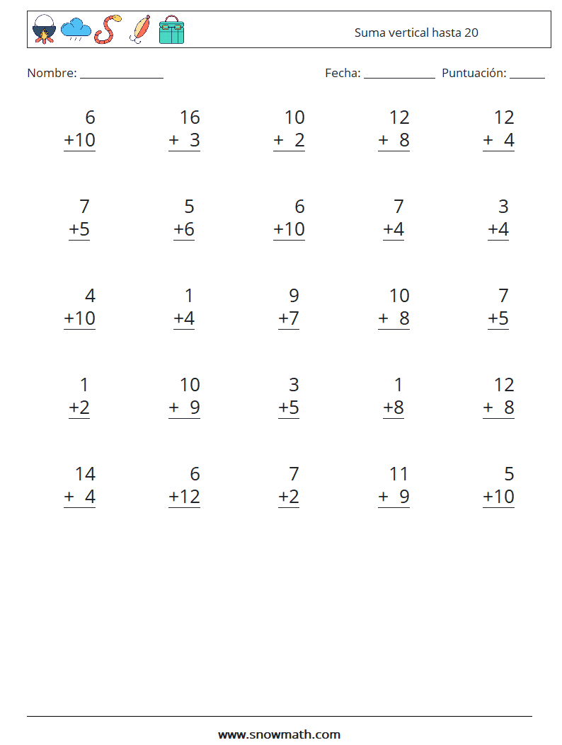 (25) Suma vertical hasta 20 Hojas de trabajo de matemáticas 1