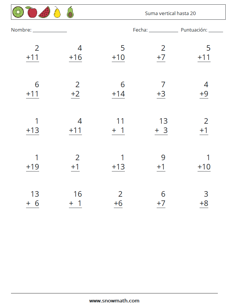 (25) Suma vertical hasta 20 Hojas de trabajo de matemáticas 10