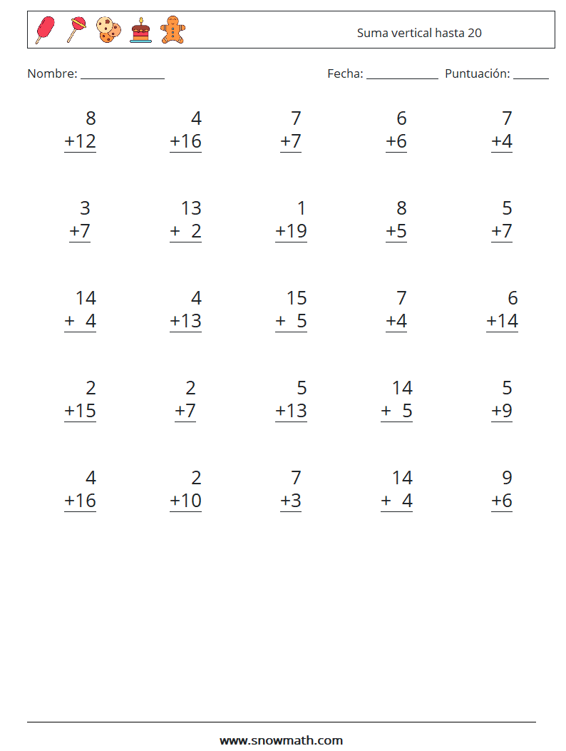 (25) Suma vertical hasta 20 Hojas de trabajo de matemáticas 14