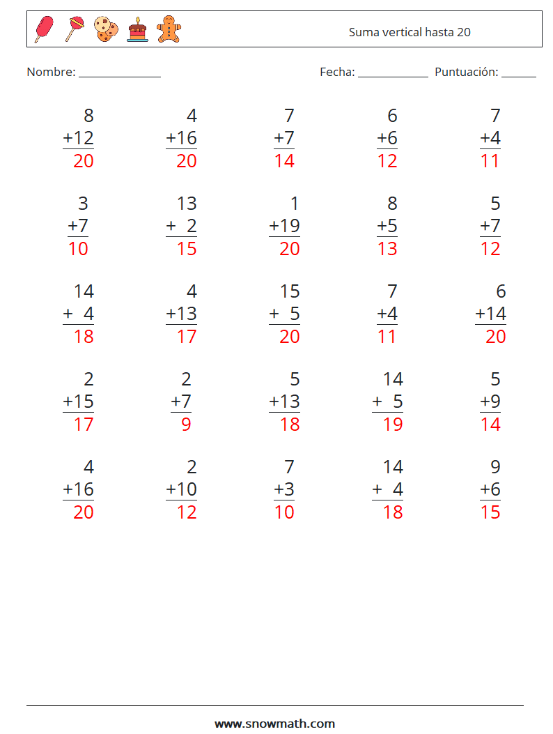 (25) Suma vertical hasta 20 Hojas de trabajo de matemáticas 14 Pregunta, respuesta