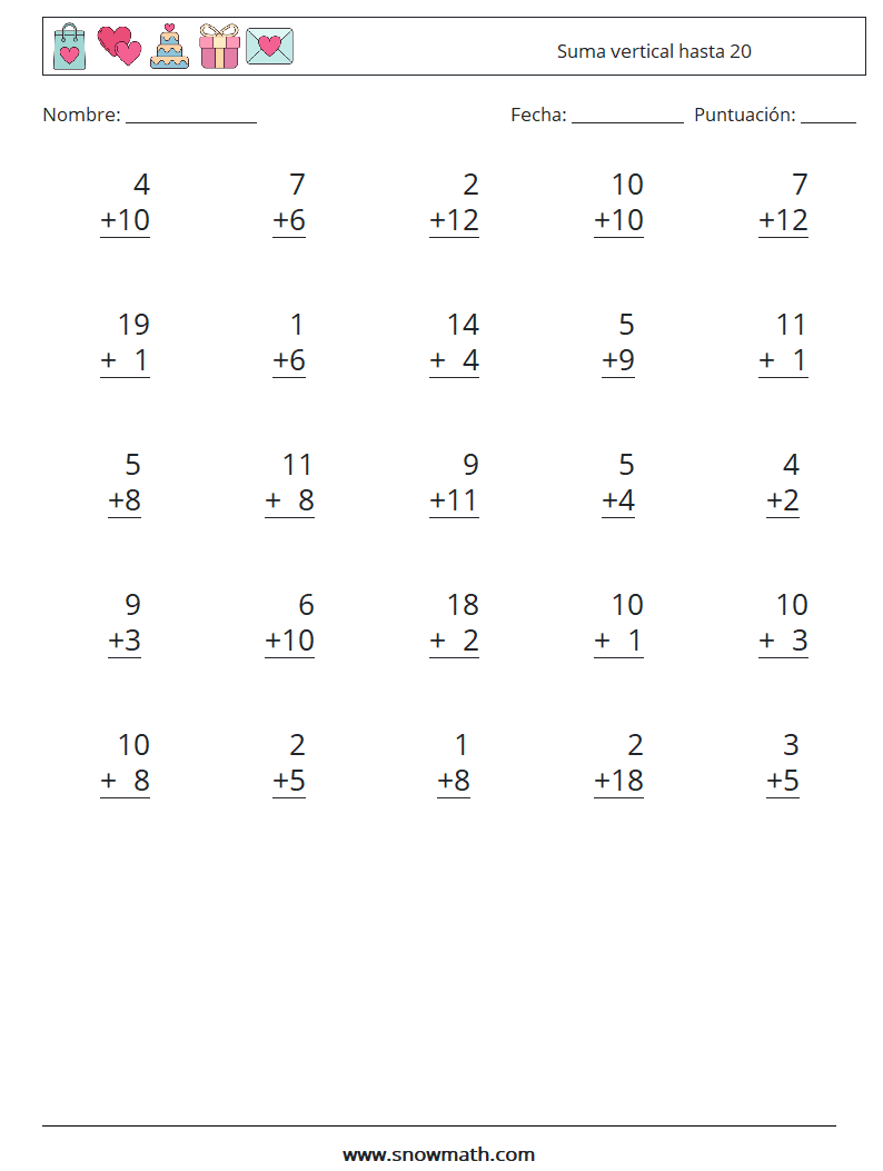 (25) Suma vertical hasta 20 Hojas de trabajo de matemáticas 15